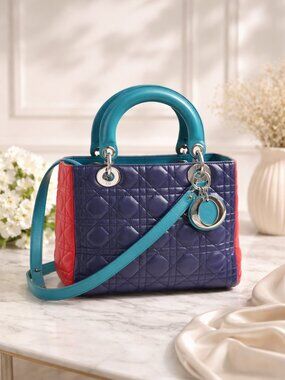 Authentic Dior Lady Dior Medium Bag Blue Red Cannage Quilted Leather Top Handle